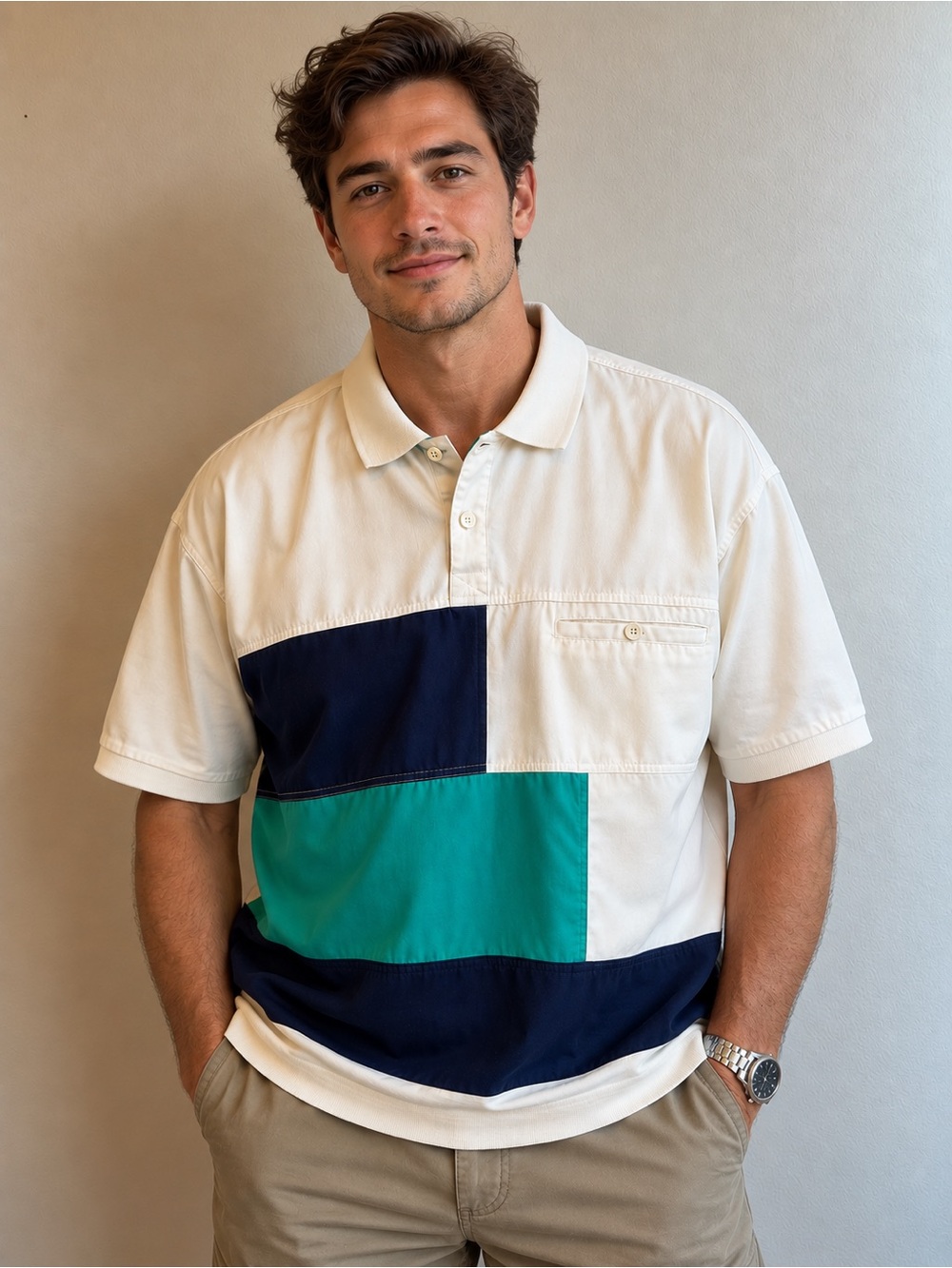 Vintage Pierre Cardin Men’s Polo Shirt Colorblock Teal Navy White Short Sleeve